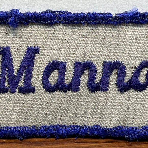 Vintage Name Patch Mannon Embroidered Blue Letters Rectangle 3.5" Across - Picture 2 of 4